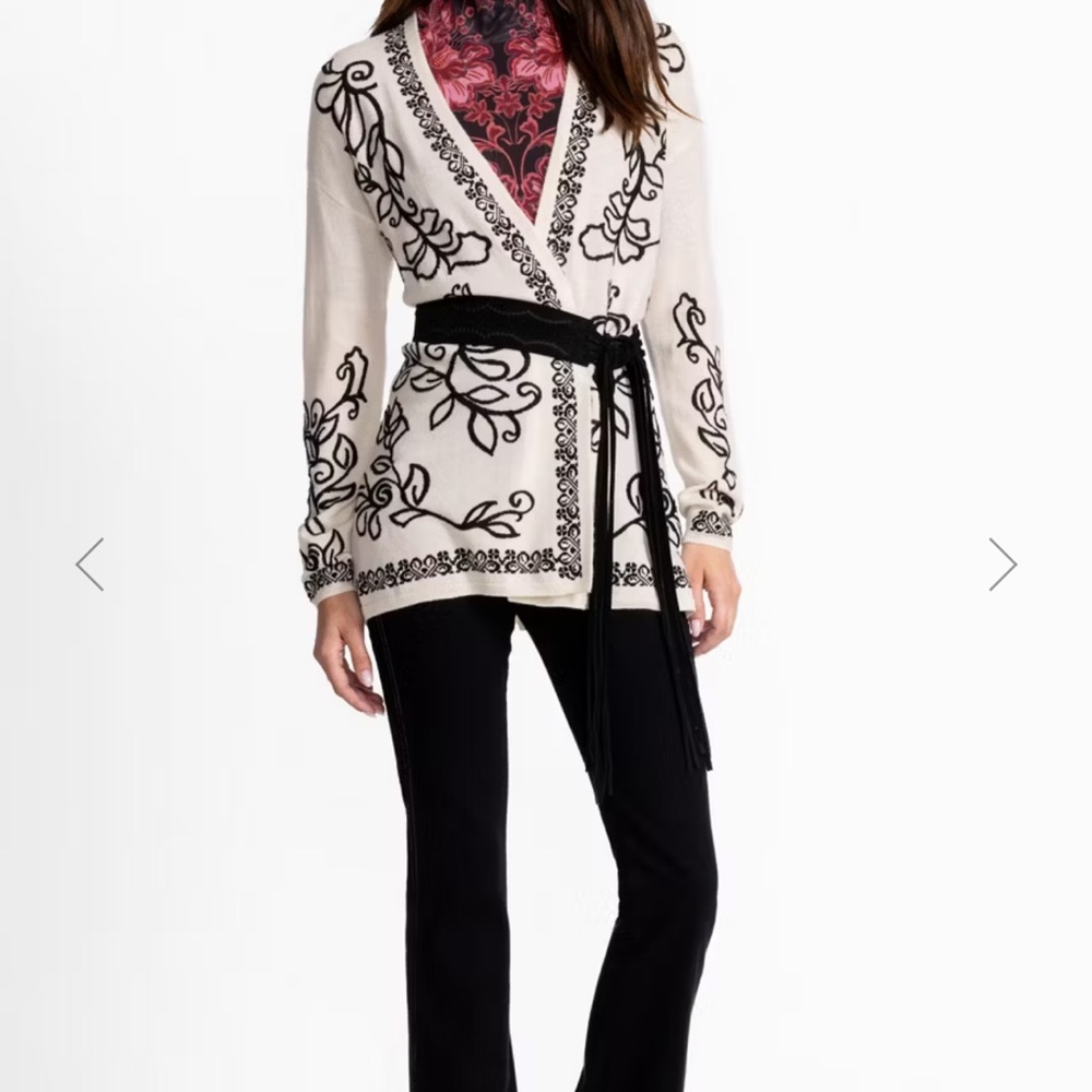 Johnny Was Ivory and Black Floral Cardigan